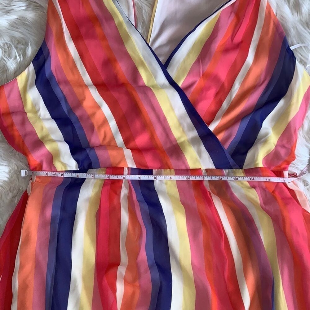 Julia Jordan Rainbow Stripe Surplice Wrap Midi Dress 12 Flounce Hem Sleeveless - Picture 4 of 11